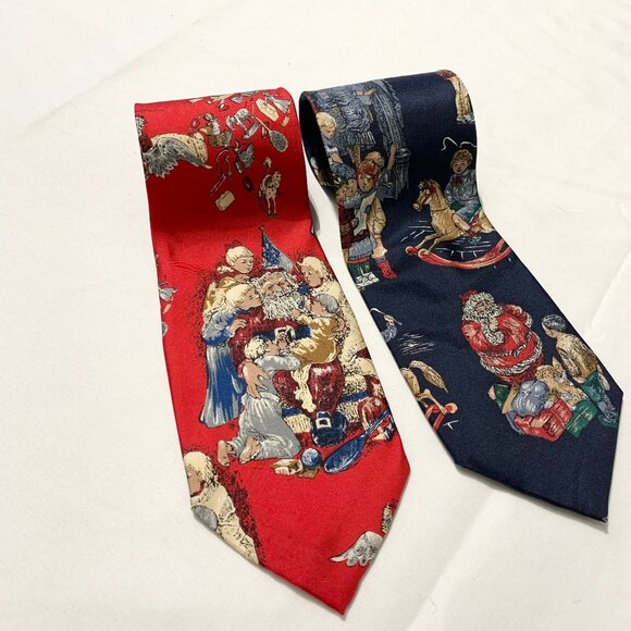 Wembley Mens Santa Christmas Holiday 100% Silk Tie Blue Red Made In USA Lot Of 2 - Picture 3 of 8